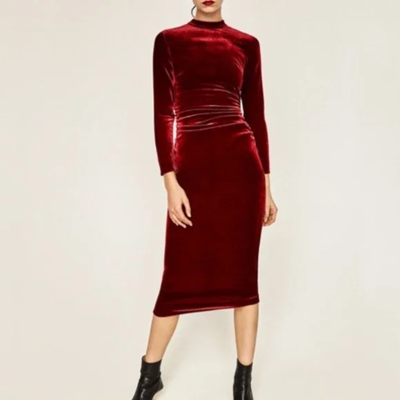 Zara | Dresses | Zara Red Velvet Ruched Midi Dress | Poshmark